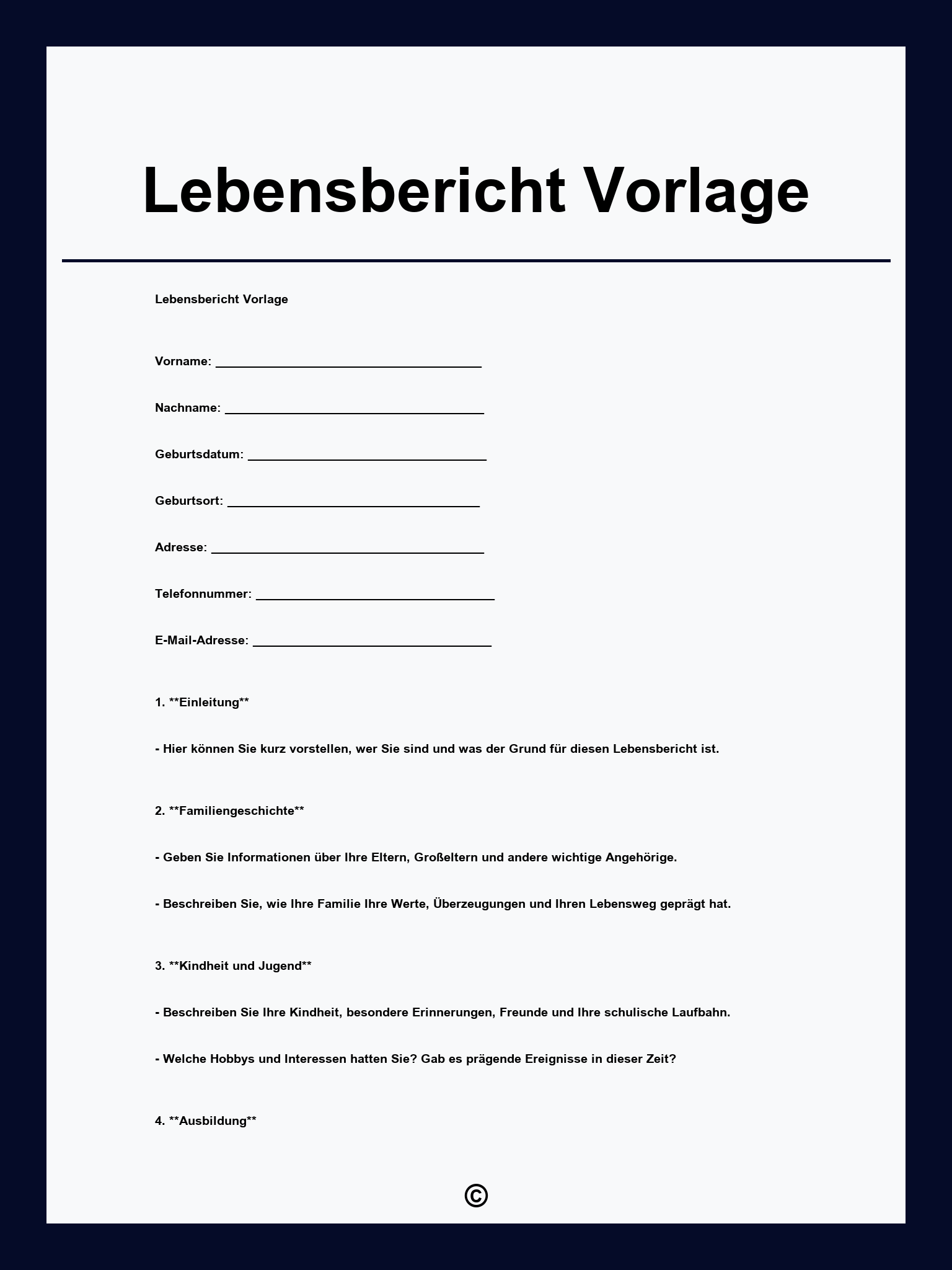 Lebensbericht Vorlage